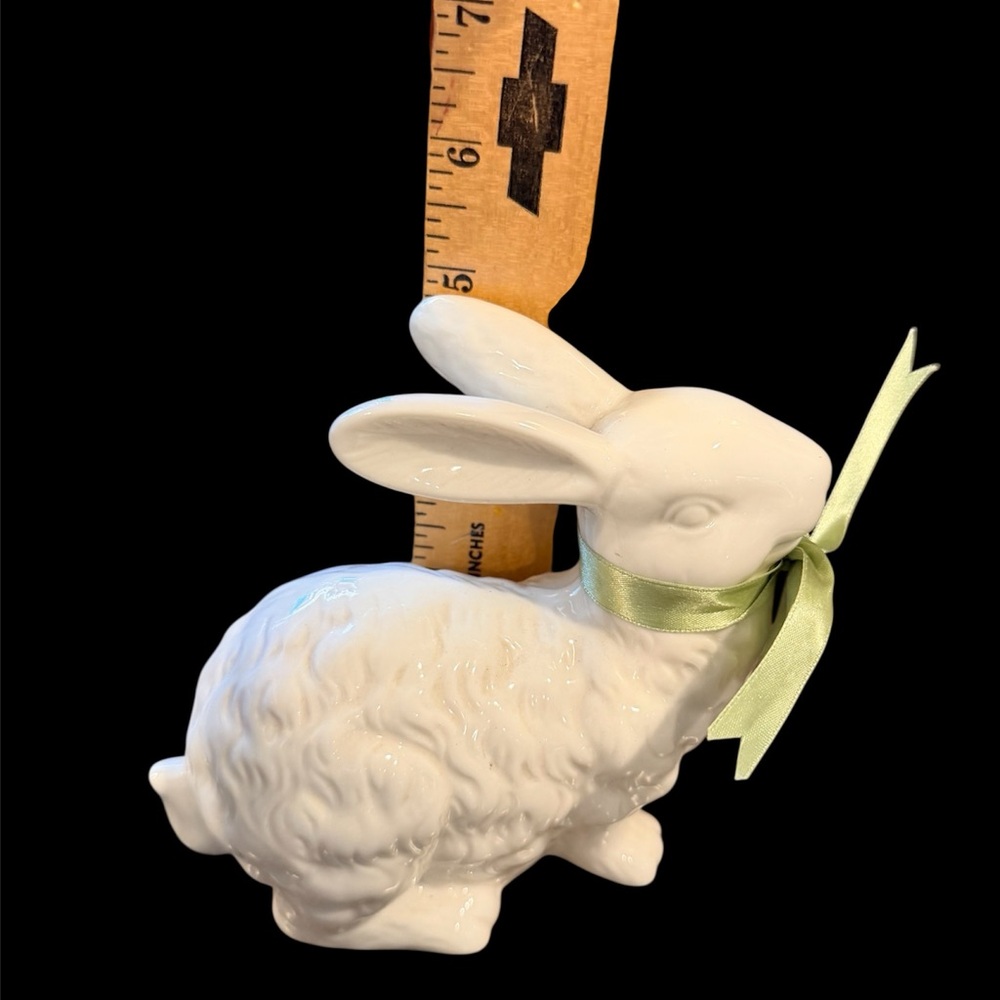 Vtg Pair of White Ceramic Bunny Figurines w/Green Bows-Spring - Picture 6 of 8